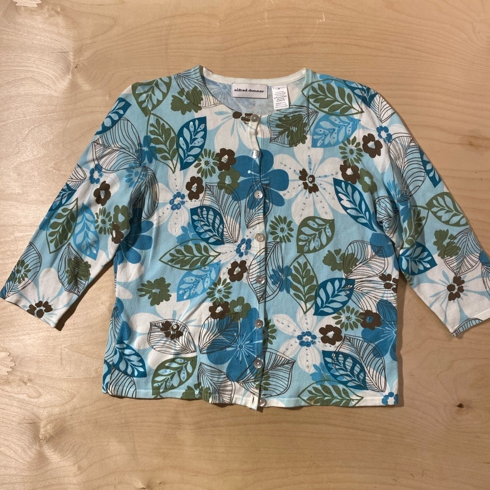 Alfred Dunner Blue and Green Floral Cardigan Medium (QK)